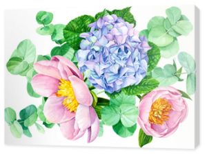 kwiaty ślubne na na białym tle, zielone gałęzie eukaliptus, piękne różowe piwonie, niebieska hortensja, malarstwo botaniczne, ilustracja akwarela