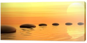 Zen ścieżka kamieni o zachodzie słońca na panoramicznym ekranie