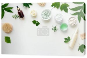 Produkty kosmetyczne ziołowe, naturalna ekologiczna koncepcja pielęgnacji skóry, kreatywny układ na białym, widok z góry, przestrzeń do kopiowania.