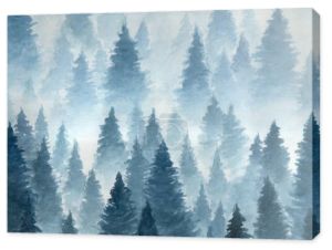 Krajobraz zachmurzonego lasu zimowego tajga, Ręcznie rysowany akwarela Ilustracja