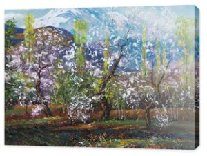 Obraz olejny na płótnie wiosenne kwitnienie drzew owocowych na tle ośnieżonych gór.
