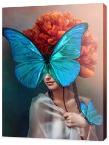 Surrealistyczny portret kobiety z motylami i kwiatem piwonii. Fotografia wnętrz w stylu art deco. Piękny surrealistyczny obraz artystyczny w kolorze niebieskim, pomarańczowym, zielonym. Różne środki przekazu.