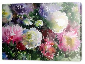 Streszczenie jasne kolorowe tło dekoracyjne. Kwiatowy wzór ręcznie robione. Piękny delikatny romantyczny letni bukiet kwiatów astry, wykonany w technice akwareli z natury.
