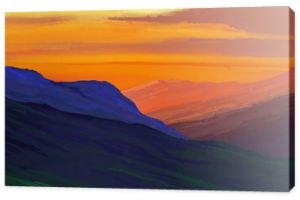 Góry w tle zachodu słońca. Malarstwo ilustracyjne