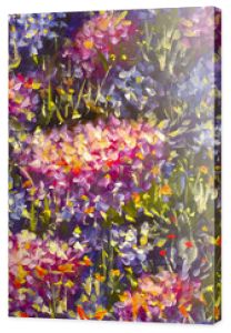 Oryginalny ręcznie robiony abstrakcyjny obraz olejny jasne kwiaty wykonane szpachlą. Czerwone, żółte, niebieskie, fioletowe kwiaty abstrakcyjne. Makro malarstwa impastowego.