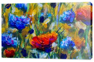 Original oil painting on canvas. Poppy flowers and cornflowers illustration. Watercolor. Hand drawn. Modern art.