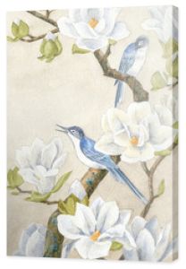 Akwarela, rysunek ptaków na kwitnącej gałęzi magnolii. Kwitnąca gałąź magnolii z białymi kwiatami. Dwa ptaki na gałęzi. Akwarela malarstwo natury.