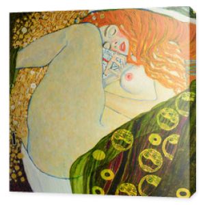 olej na płótnie. Obraz olejny. Złoty Liść. Piękna rudowłosa dziewczyna. Na podstawie obrazu Danae. G. Klimt