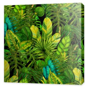 Nowoczesny abstrakcyjny wzór z akwarela liści tropikalnych do projektowania tekstyliów. Retro jasne tło lato. Ilustracja liści dżungli. Stroje kąpielowe o botanicznym kroju. Vintage egzotyczny nadruk.