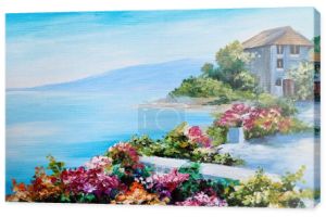 obraz olejny, dom w pobliżu morza, na wybrzeżu morza, kolorowe kwiaty, lato seascape
