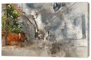 Cyfrowe malowanie akwarelami alei śródziemnomorskiej pomiędzy starymi domami i budynkami