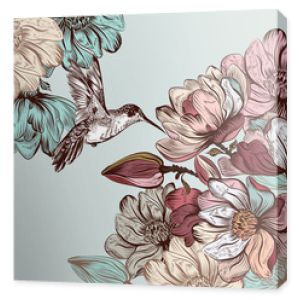 Tło wektor z kwiatami magnolii i ptakiem w grawerowanym chlewni