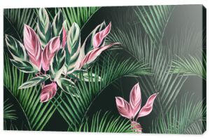 Akwarela malarstwo kolorowe kokosowe, zielone, różowe liście bezszwowe tło wzór. Akwarela ręcznie rysowane ilustracja tropikalny liść egzotyczny drukuje na tapetę, tekstylia Hawaje lato styl aloha.