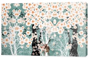 3d tapety ścienne z drzew i białych kwiatów i jelenia