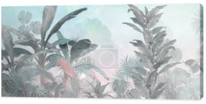 Tropikalna tapeta, Tropikalne drzewa i liście, projekt tapety do druku cyfrowego - ilustracja 3D