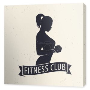 Fitness Club logo element with posing athletic girl, vector illustration