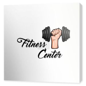Logo centrum fitness. Odznaka sprzęt Sport. Fitness club etykiety. Ręka gospodarstwa wagi. Wektor.