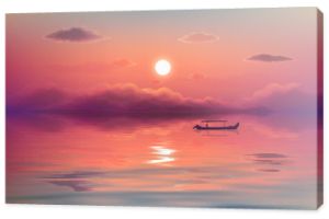 Ilustracja wektorowa różowy zachód słońca na oceanie z czarną samotną sylwetką łodzi rybackiej, fioletowymi chmurami i odbiciem w spokojnej falistej wodzie