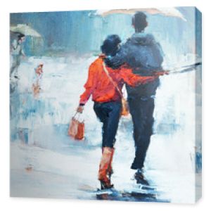 mężczyzna i kobieta pod parasolem, widok z tyłu, obraz olejny. para kochanków pod parasolem,