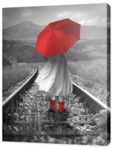 Dziewczyna z czerwonym parasolem na torach. Zagubiony miś. Cyfrowa ilustracja z miękkim stylem malarstwa olejnego.