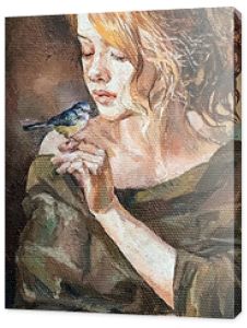 Young beautiful girl with a little bird titmouse on the hand. Created in warm colors by brush strokes. Oil painting on canvas.