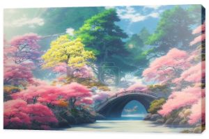 Japonia anime dekoracje tapety featuring piękne różowe drzewa wiśniowe i Mount Fuji w tle. Malowanie grafiki cyfrowej 3D renderowania