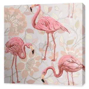 Flamingo na różowym tle. Wzór z flamingów i roślin tropikalnych. Wektor clipart. Kolorowy wzór Paisley dla tekstylnych, cover, papier pakowy, web