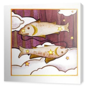 Astrologiczny znak zodiaku Ryby, na białym tle na białym tle. Dwie ryby pływające jedna za drugą. Na białym tle na ciemnym tle wzoru