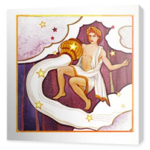 Astrologiczny znak zodiaku Wodnik jako młodzieniec wylewający wodę z dzbanka na ciemnym tle deseniowym