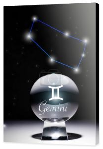 kryształowa kula ze znakiem zodiaku Gemini odizolowana na czarno z konstelacją