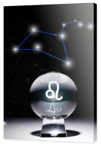 kryształowa kula ze znakiem zodiaku Leo odizolowana na czarno z konstelacją