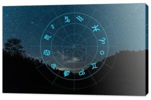 ciemny krajobraz z nocnym gwiaździstym niebem i ilustracją zodiaku