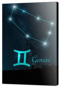 ciemny krajobraz z nocnym gwiaździstym niebem i konstelacją Gemini