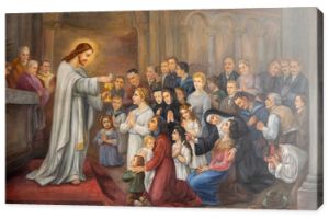 Wiedeń, Austira - 22 października 2020: Symboliczny fresk Jezus udziela komunii w kościele Pfarrkirche Kaisermühlen od końca 19. cent.