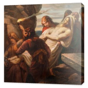 WIEDEŃ, AUSTIRA - 22 października 2020 r.: Obraz pochówku Jezusa w kościele św. Jana Ewangelisty autorstwa Karla Geigera (1876).