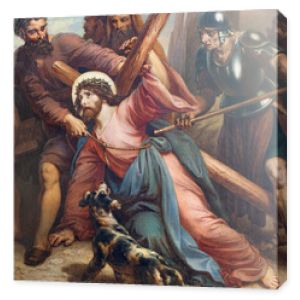 VIENNA, AUSTIRA - OCTOBER 22, 2020: The painting fall of Jesus under the cross in church St. Johann der Evangelist by Karl Geiger (1876).