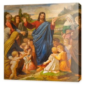 Barcelona, Hiszpania - 5 marca 2020: Obraz Jezusa wśród dzieci w kościele Esglesia De Santa Maria De Montalegre z 20. cent.