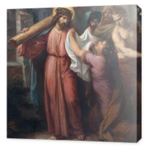 WIEDEŃ, AUSTIRA - 22 października 2020 r.: Obraz Weronika ociera twarz Jezusa w kościele św. Jana Ewangelisty autorstwa Karla Geigera (1876).