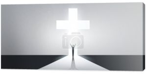 Symbol Krzyża Chrześcijańskiego ze Stojącym Człowiekiem-Znakiem Krzyża, Wielkanoc, Czystość, Wiara, Chrzest, Duch Święty, Ewangelizacja i zmartwychwstanie na szarym tle z jasnym światłem, Projekt dla różnych przypadków użycia