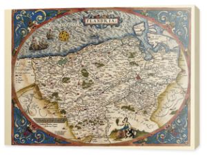 Stara mapa Belgii. Doskonały stan zachowania zrealizowany w stylu antycznym. Cała kompozycja graficzna znajduje się w owalnej ramie. Ortelius, Theatrum Orbis Terrarum, Antwerpia, 1570
