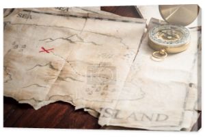 Kompas i mapy wyspy znakiem skarb 
