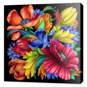 ilustracja botaniczna kwiatowa, bukiet dzikich polnych kwiatów, izolowana na czarnym tle, czerwony mak, niebieski chaber, żółty tulipan, wzór chustki