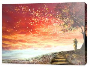 Ilustracja fantasy z pięknym niebem, gwiazdy. kobieta i mężczyzna pod drzewem patrząc na zachód słońca, ładny krajobraz. Obraz. kwiecista łąka i schody