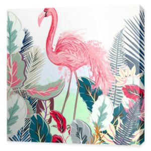Tropikalna wektorowa ilustracja z różowym flamingiem i tropikalnymi liśćmi