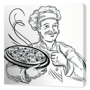 Ilustracja włoskiego szefa kuchni ze świeżo upieczoną pizzą