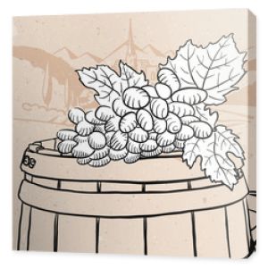 Winogrona na naszkicowanej drewnianej beczce z winem