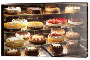 Różne rodzaje ciast na wystawie szklanej cukierni