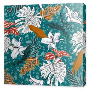 Modne tropikalne botaniczne, liście monstera i kwiaty lilii na afrykańskim batik tło lato nastrój bezszwowy wzór wektor EPS10, projekt dla mody, tkaniny, web, tapety, owijanie i wszystkie wydruki na ciemnozielonym tle