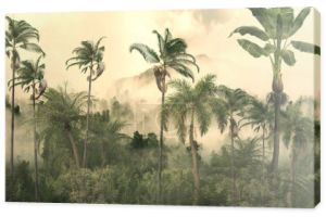 drzewa tropikalne i pozostawia projekt tapety w mglistym lesie - ilustracja 3D