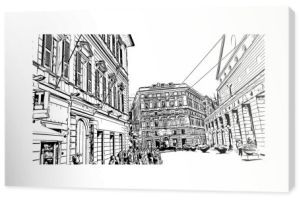 Drukuj Widok budynku z zabytkiem Genui jest miasto we Włoszech. Ręcznie rysowany szkic ilustracji w wektorze.